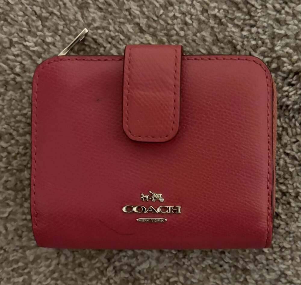 Coach Red Crossgrain Leather Small Compact Wallet